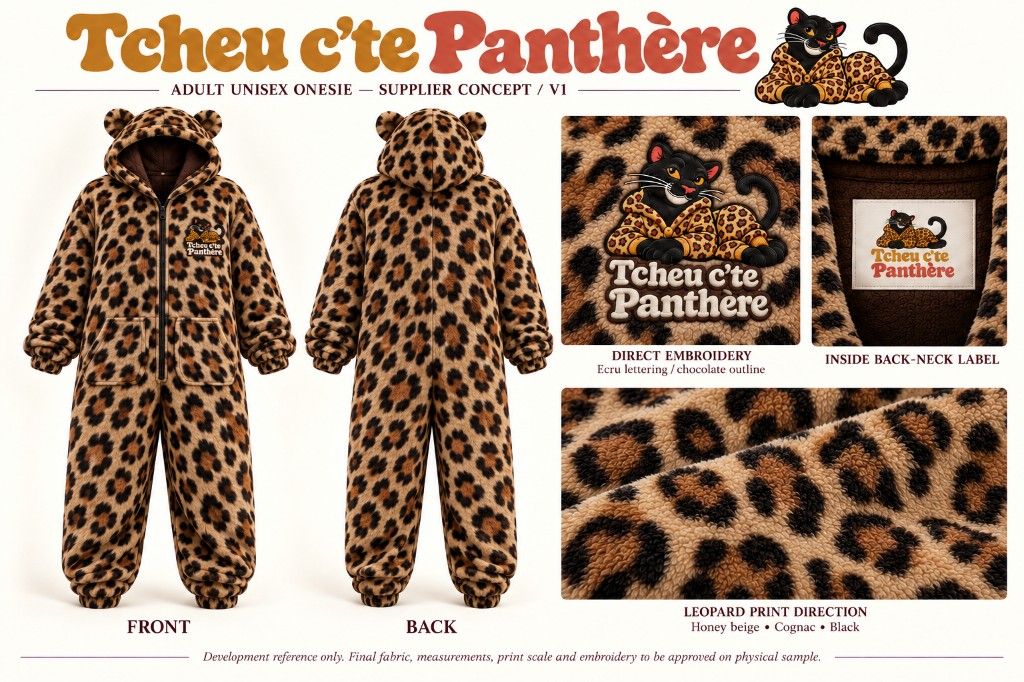 Planche de concept Tcheu c’te Panthère : combinaison unisexe adulte, vues de face et de dos, broderie, étiquette intérieure et gros plan du léopard miel, cognac et noir. Mention de référence de développement.